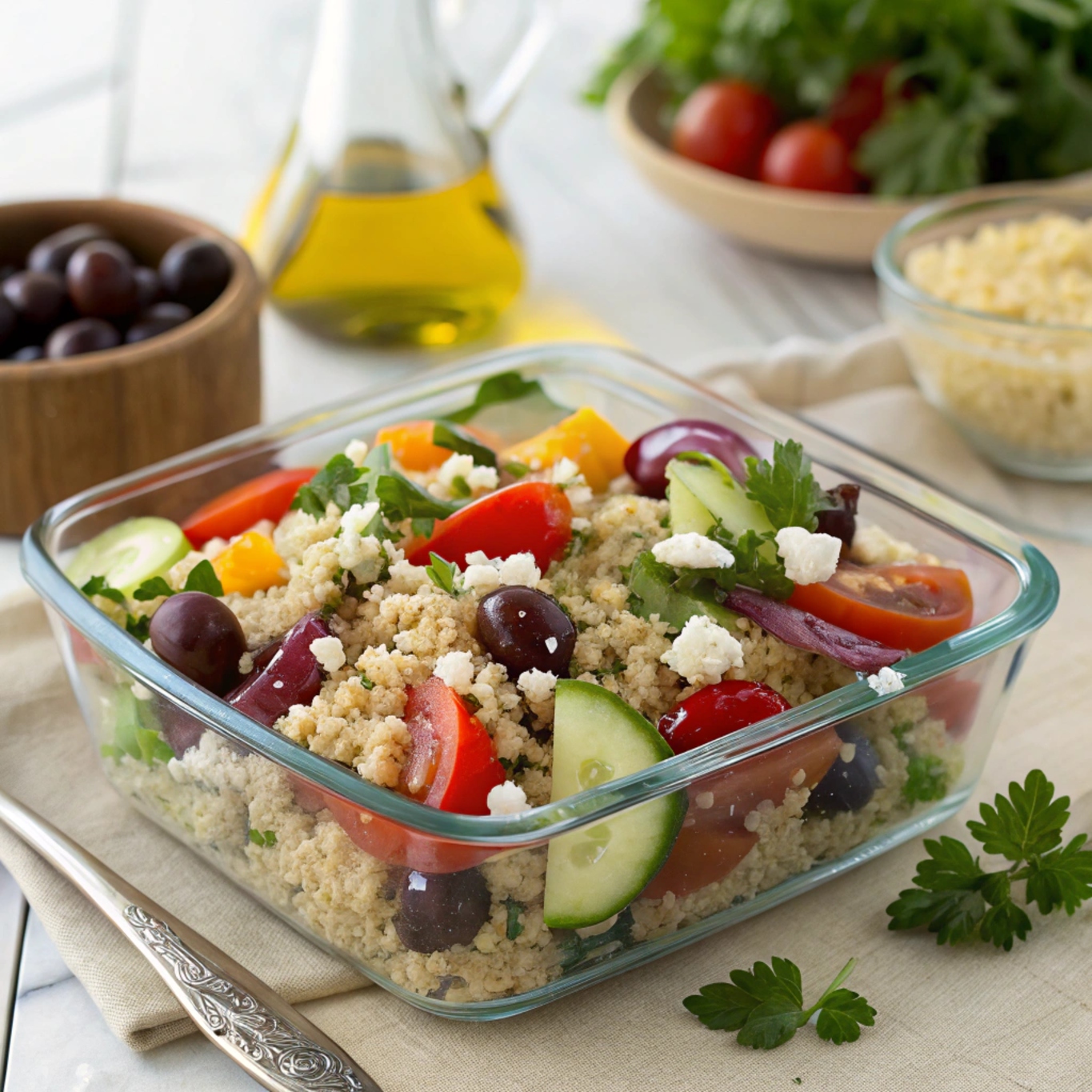 A colorful Mediterranean quinoa salad in a bowl, featuring fresh vegetables, olives, feta cheese, and herbs, perfect for meal prep and storage.
