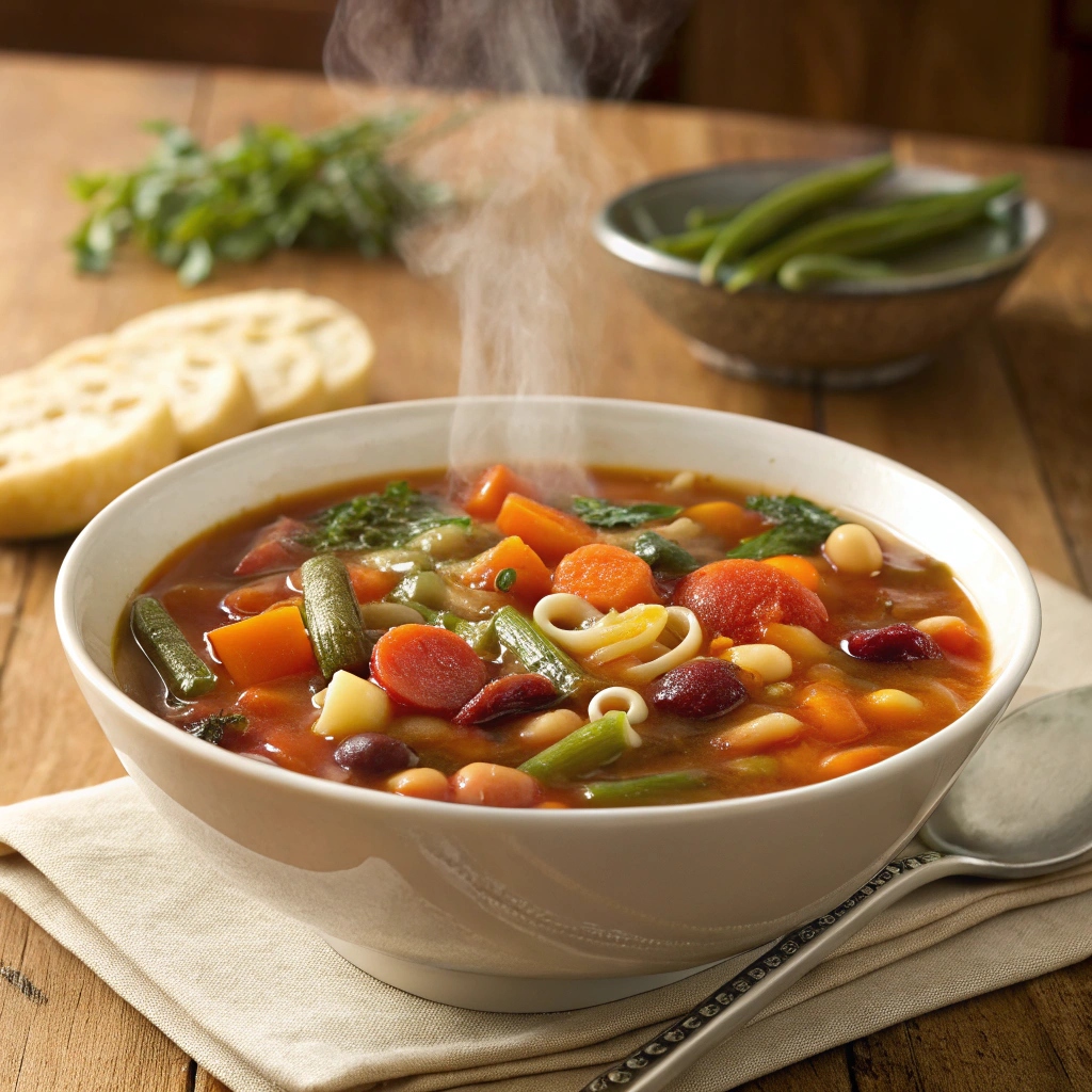 A bowl of hearty Minestrone Soup topped with fresh herbs and grated cheese, ready to serve.
