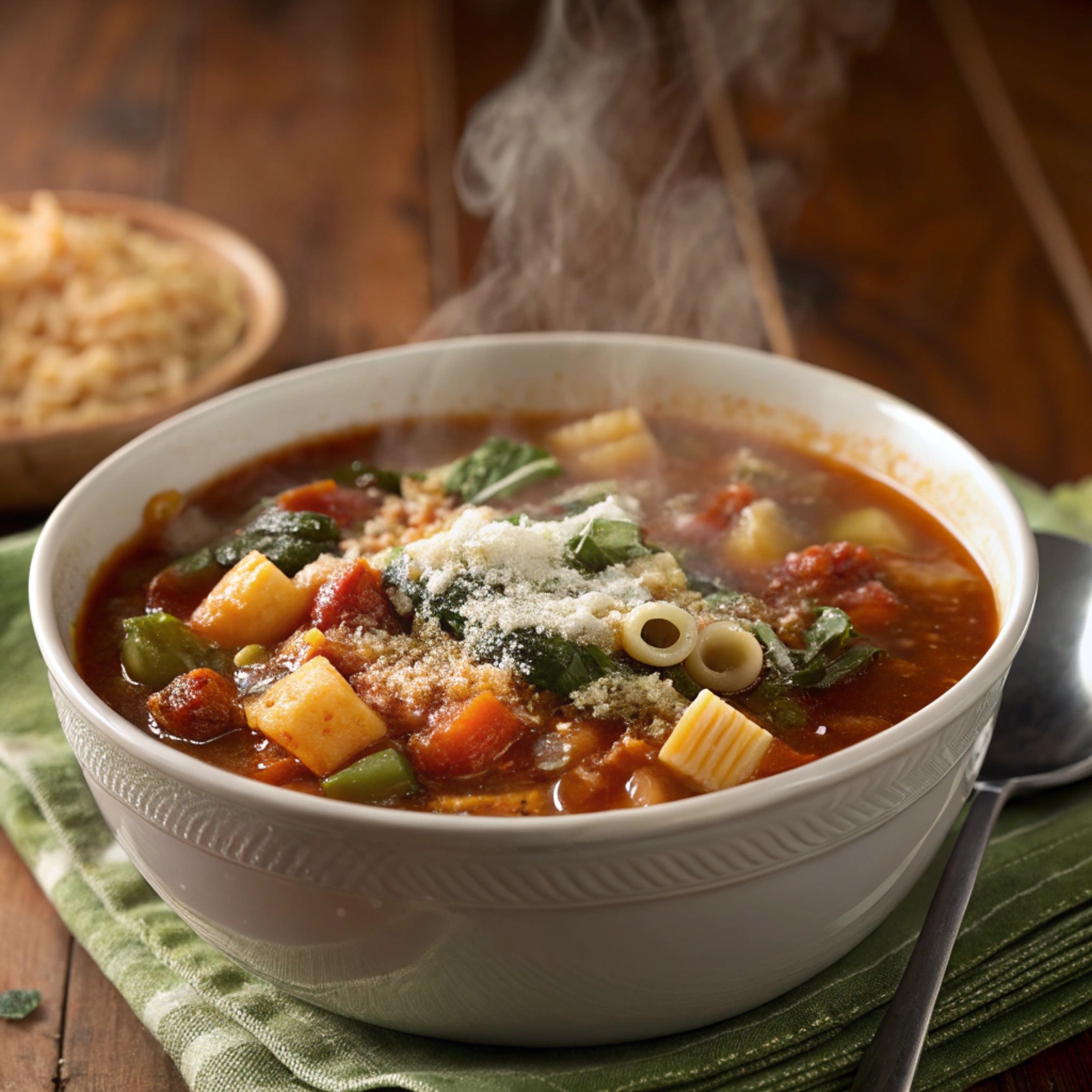 A steaming bowl of Minestrone Soup with vegetables, beans, and pasta, garnished with fresh herbs and grated cheese.