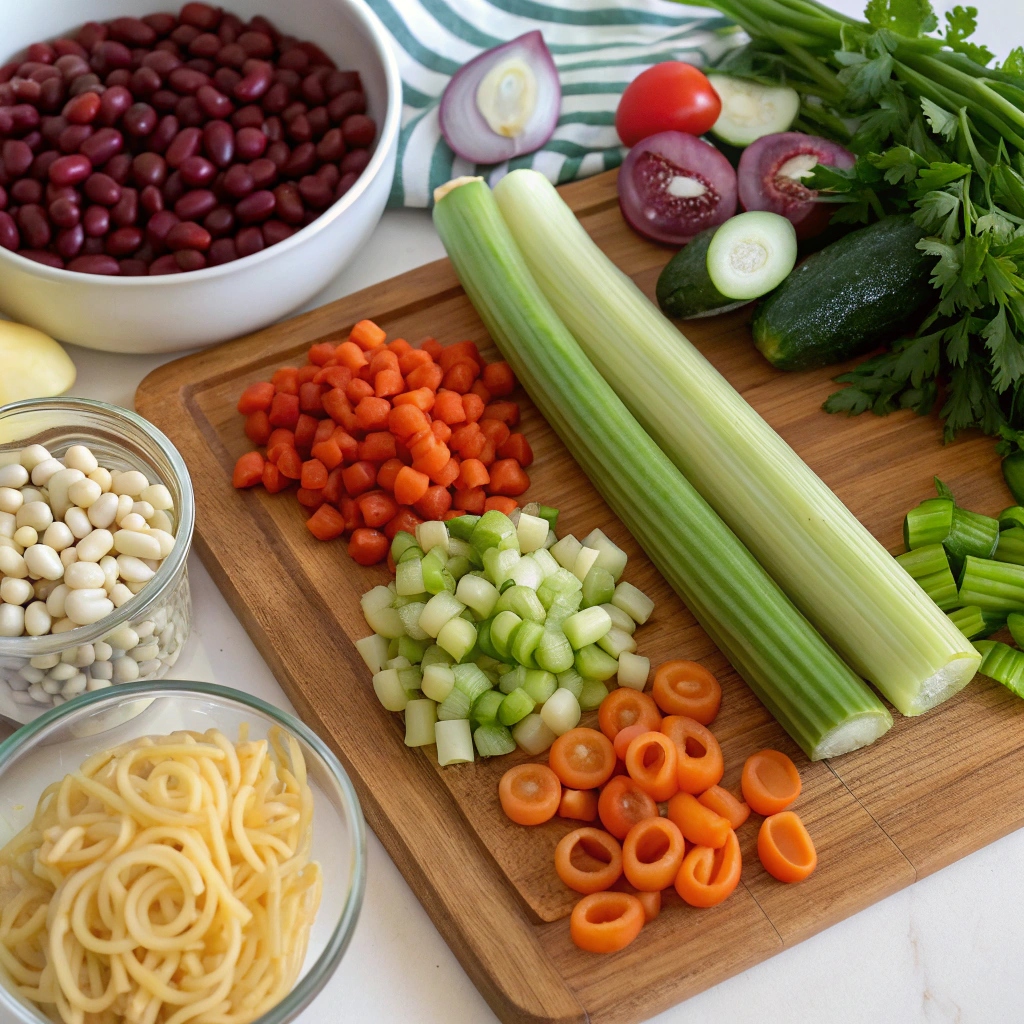A colorful spread of fresh vegetables, beans, pasta, and herbs used to make Minestrone Soup.