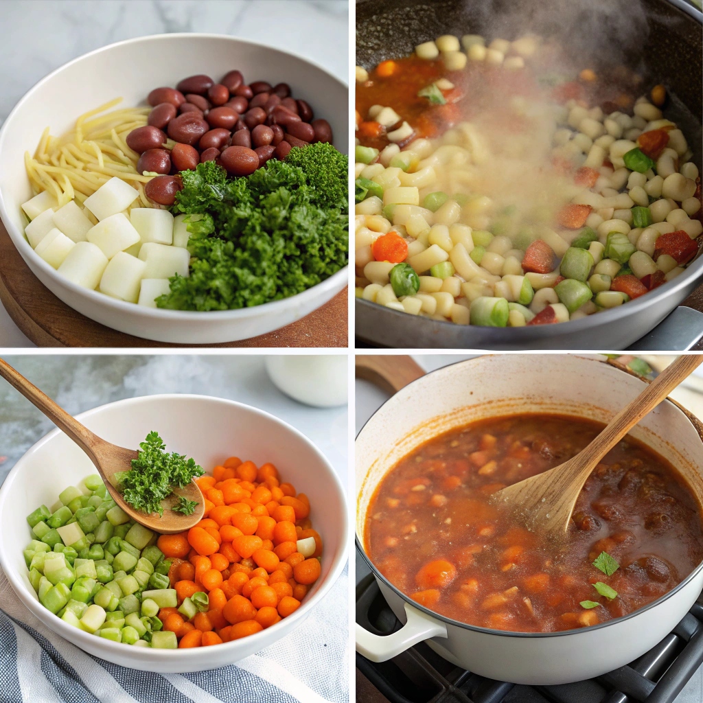 A pot of simmering Minestrone Soup being stirred with vegetables, beans, and pasta