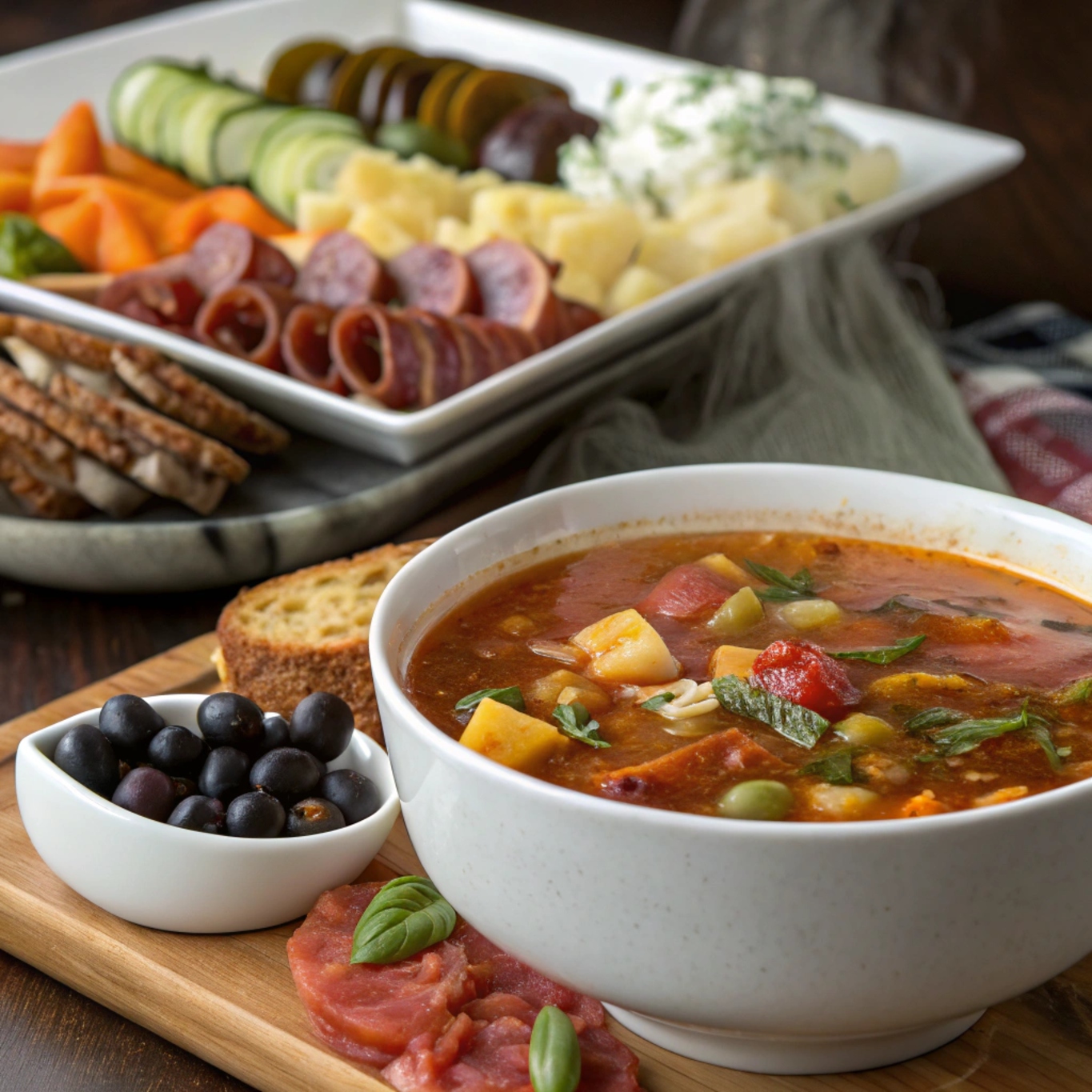 A bowl of Minestrone Soup accompanied by an antipasto platter with olives, roasted vegetables, cured meats, and cheeses.