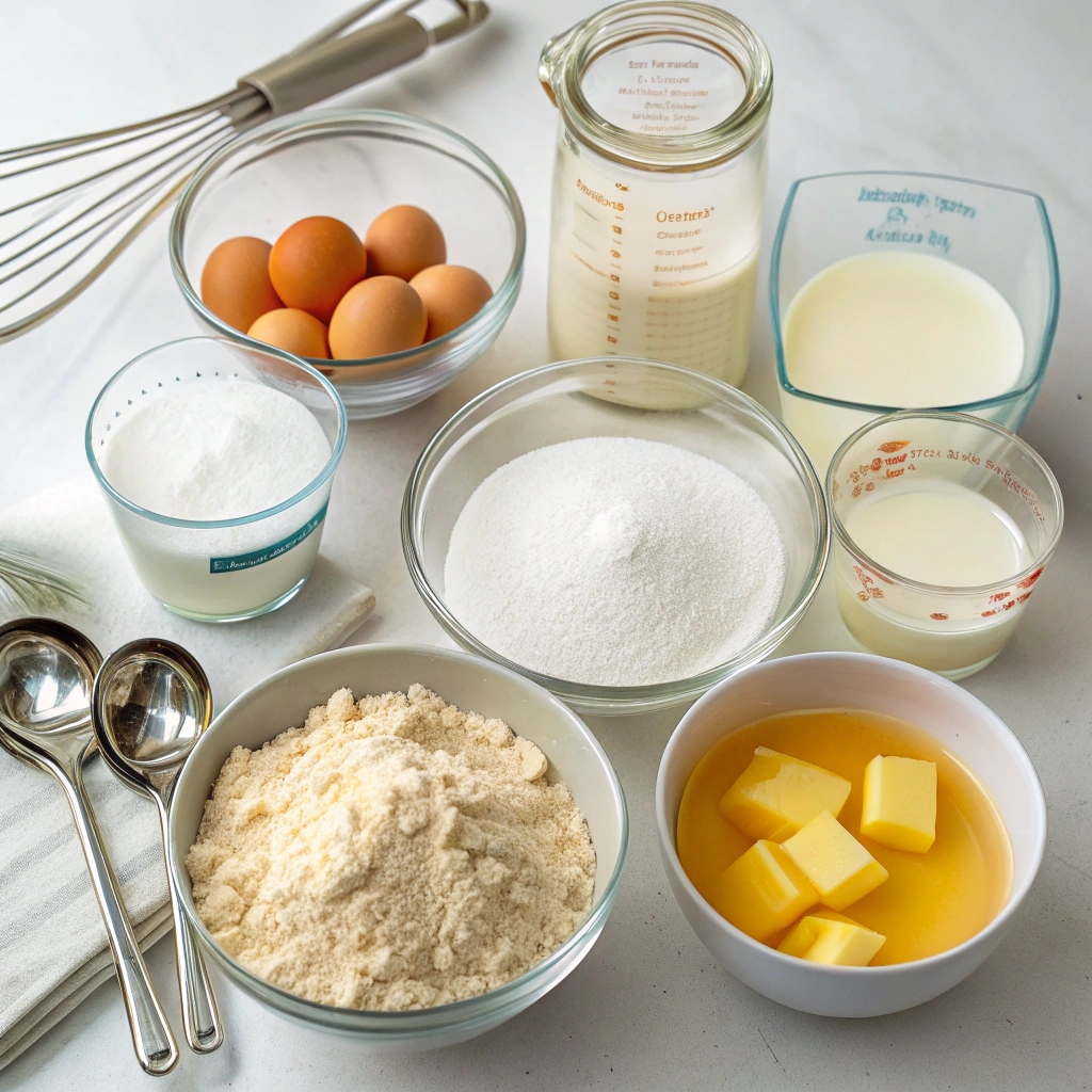 Assorted ingredients for fluffy pancake recipe, including flour, eggs, milk, baking powder, butter, and fresh berries on a wooden surface.