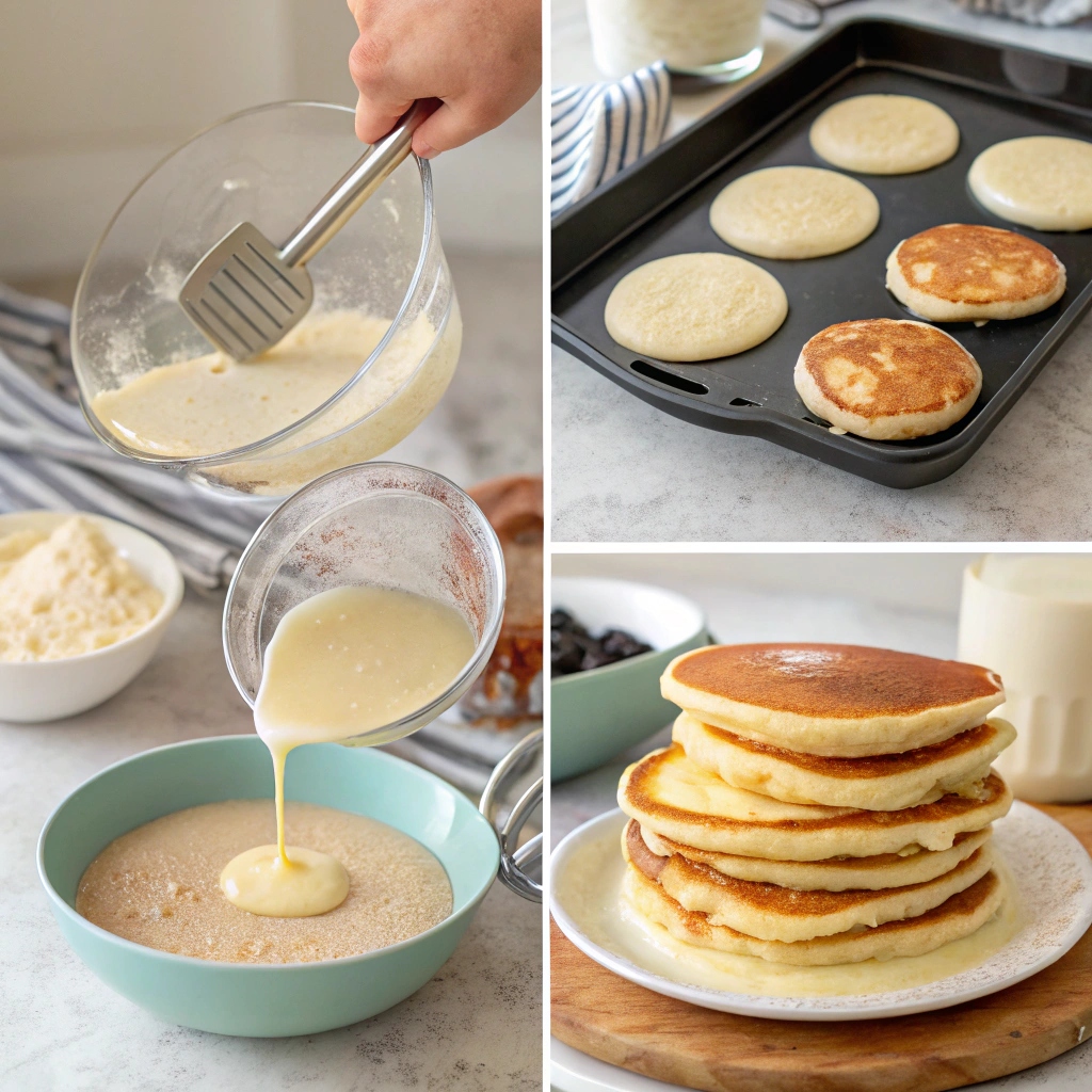 Series of images showing steps to make fluffy pancakes: mixing batter, pouring on griddle, flipping pancakes, and serving with toppings.
