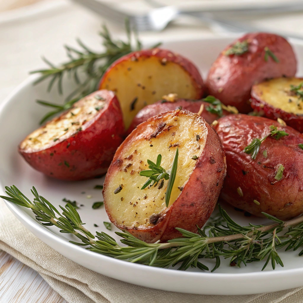 Plate of roasted new red potatoes garnished with herbs, ready to serve  