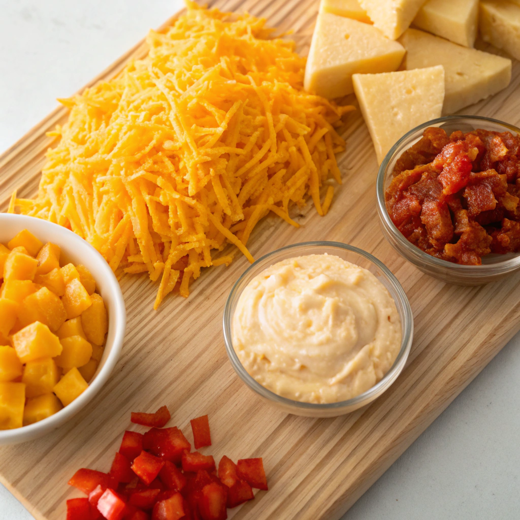 Assorted ingredients for Pimento Cheese including shredded cheddar cheese, mayonnaise, diced pimentos, Dijon mustard, paprika, cayenne pepper, salt, and pepper on a wooden table