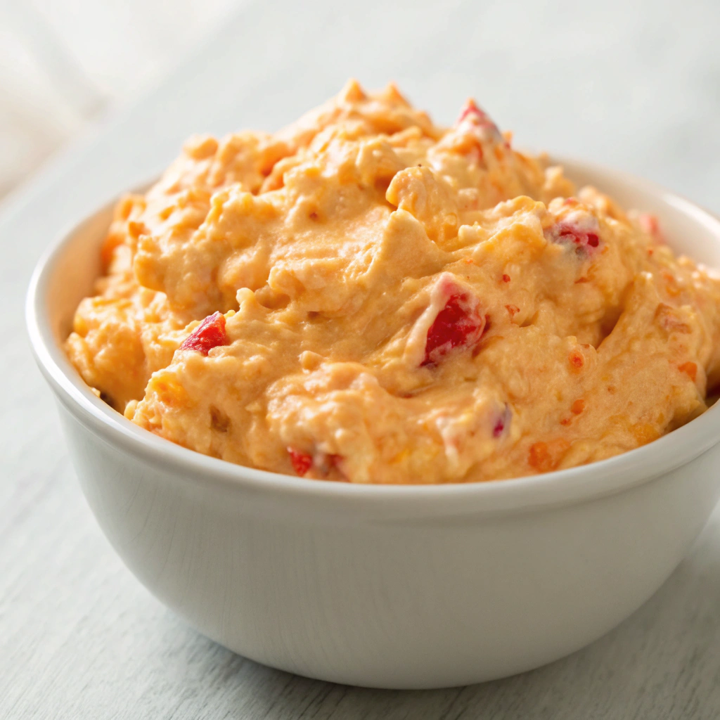 A bowl of creamy homemade Pimento Cheese spread garnished with chopped green onions and paprika, served with crackers on a wooden platter.