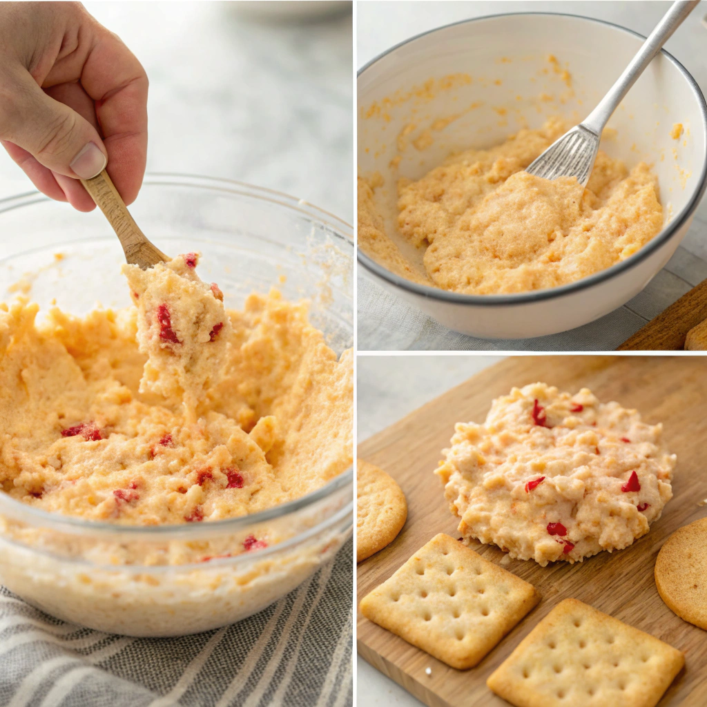 Step-by-step process of mixing shredded cheese, mayonnaise, diced pimentos, and seasonings to prepare Pimento Cheese in a mixing bowl.