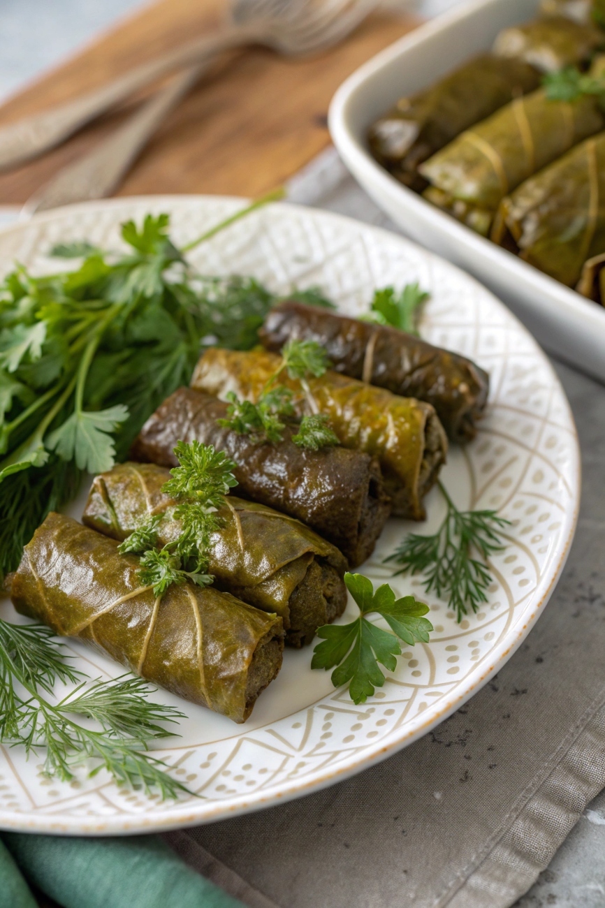 Close-up of a single stuffed grape leaf (Dolma), highlighting the detailed filling and glossy leaf.
