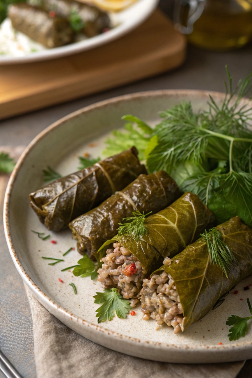 Plate of stuffed grape leaves (Dolma) garnished with fresh herbs, ready to serve.