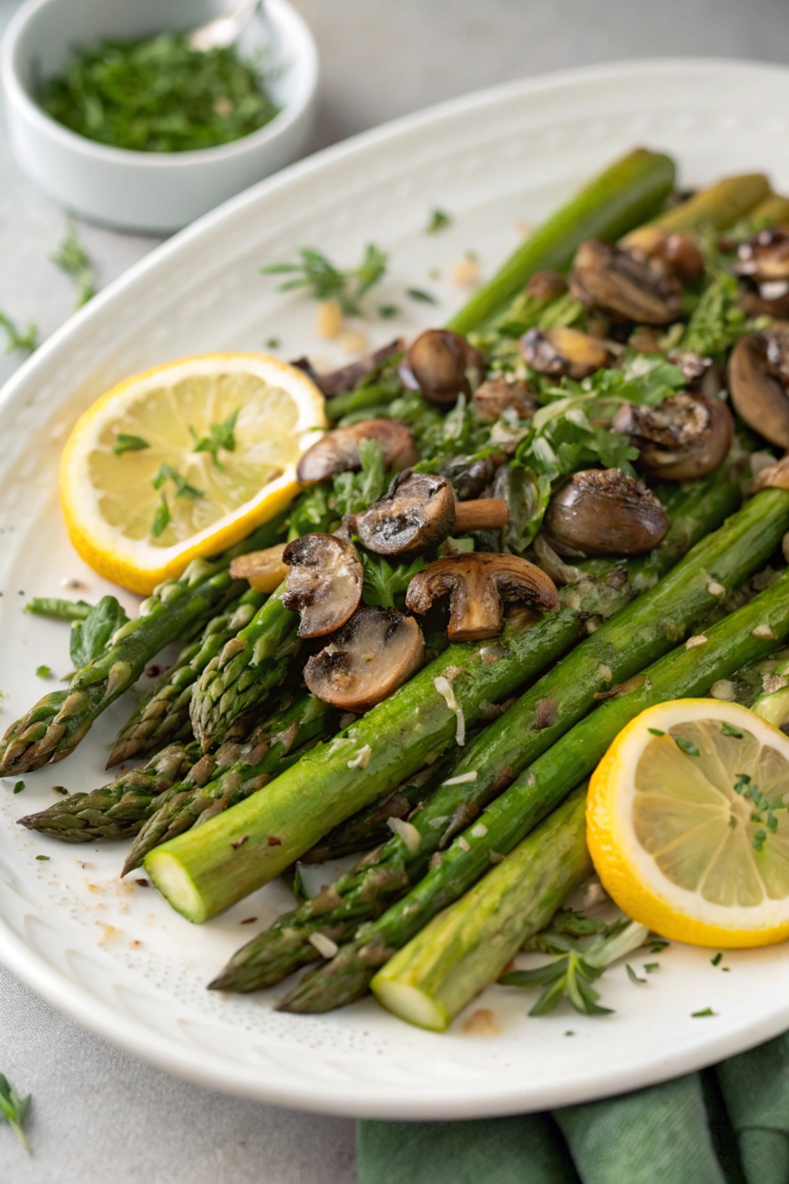 Plated roasted asparagus with mushrooms garnished with fresh herbs and lemon slices