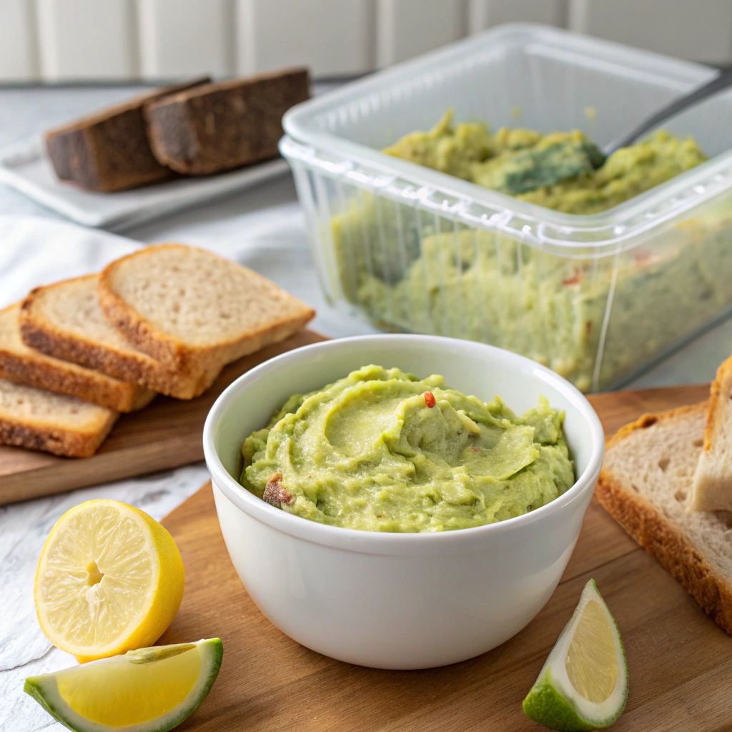 Bowl of creamy mashed avocado with lemon, lime, and sliced bread ready for meal prep