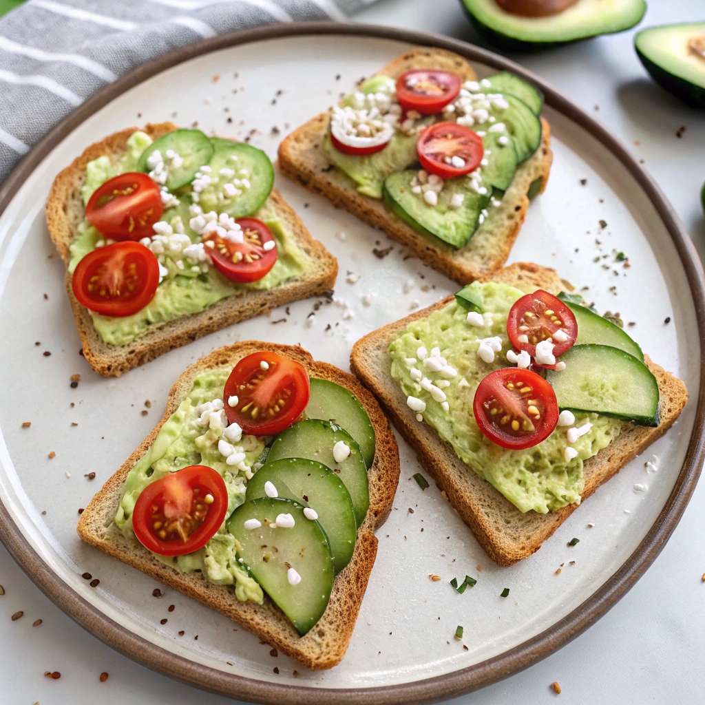 Prepared slices of avocado toast with toppings arranged on a plate for meal prep