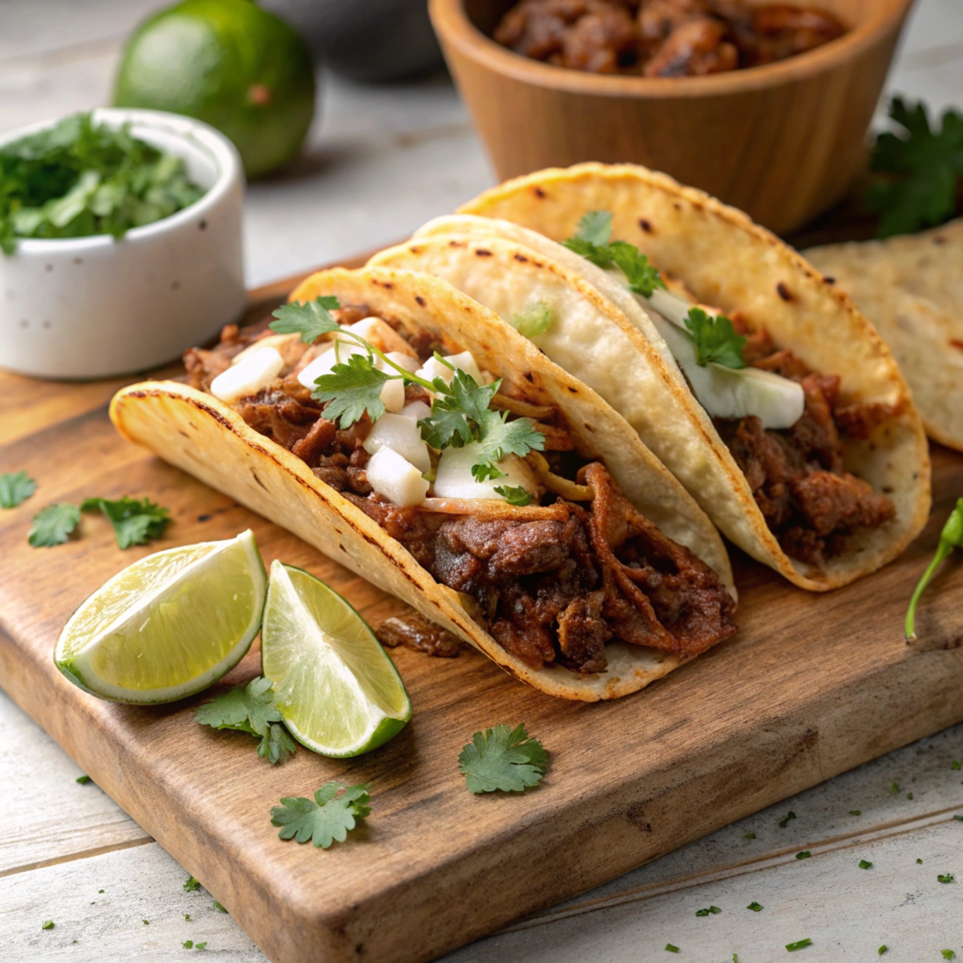 Golden, crispy quesabirria tacos filled with shredded cheese and meat, topped with cilantro, served with a side of flavorful consomé for dipping.