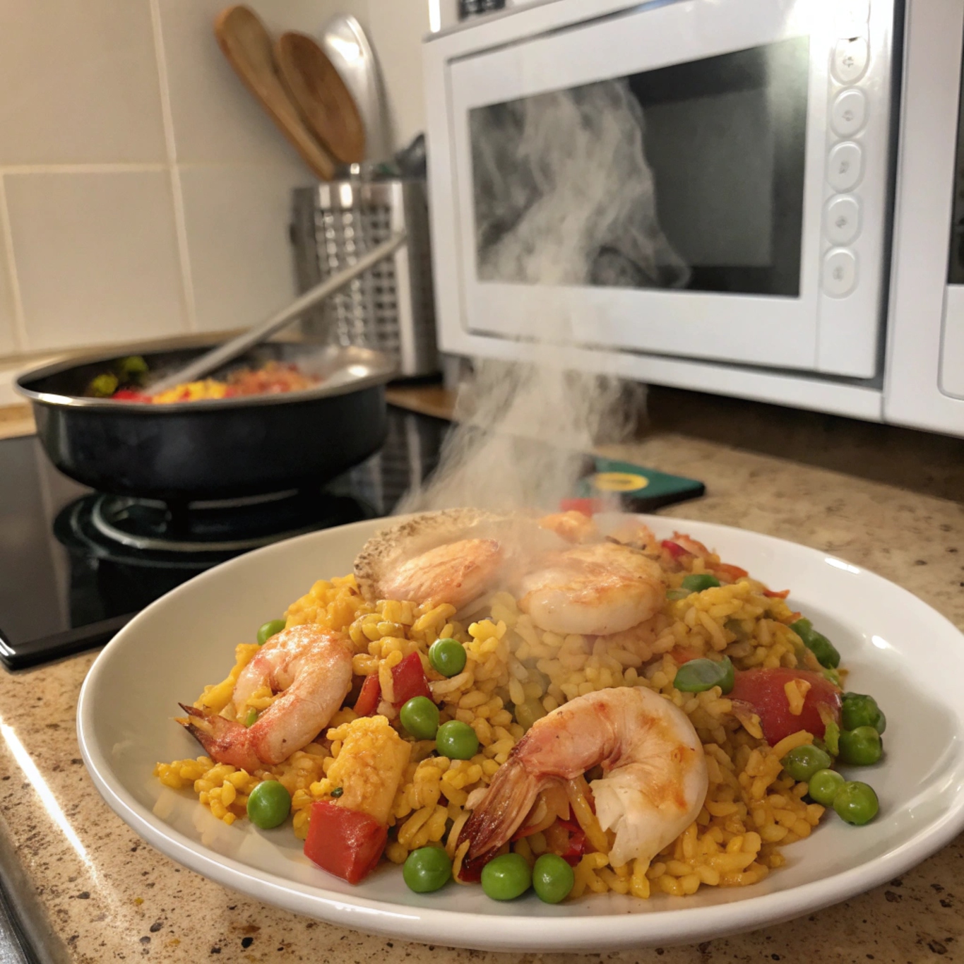 Reheated leftover paella served on a plate, with seafood, vegetables, and rice, showing a delicious, ready-to-eat dish.