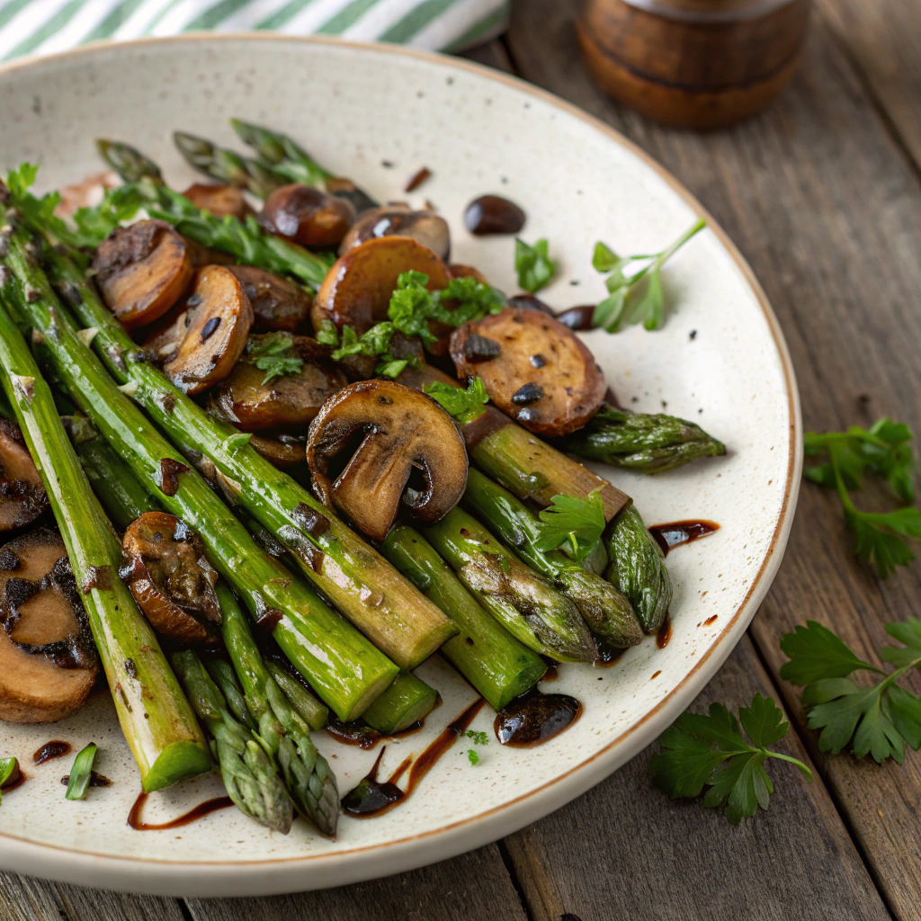 Beautiful roasted asparagus with mushrooms on a platter, garnished with fresh herbs  

