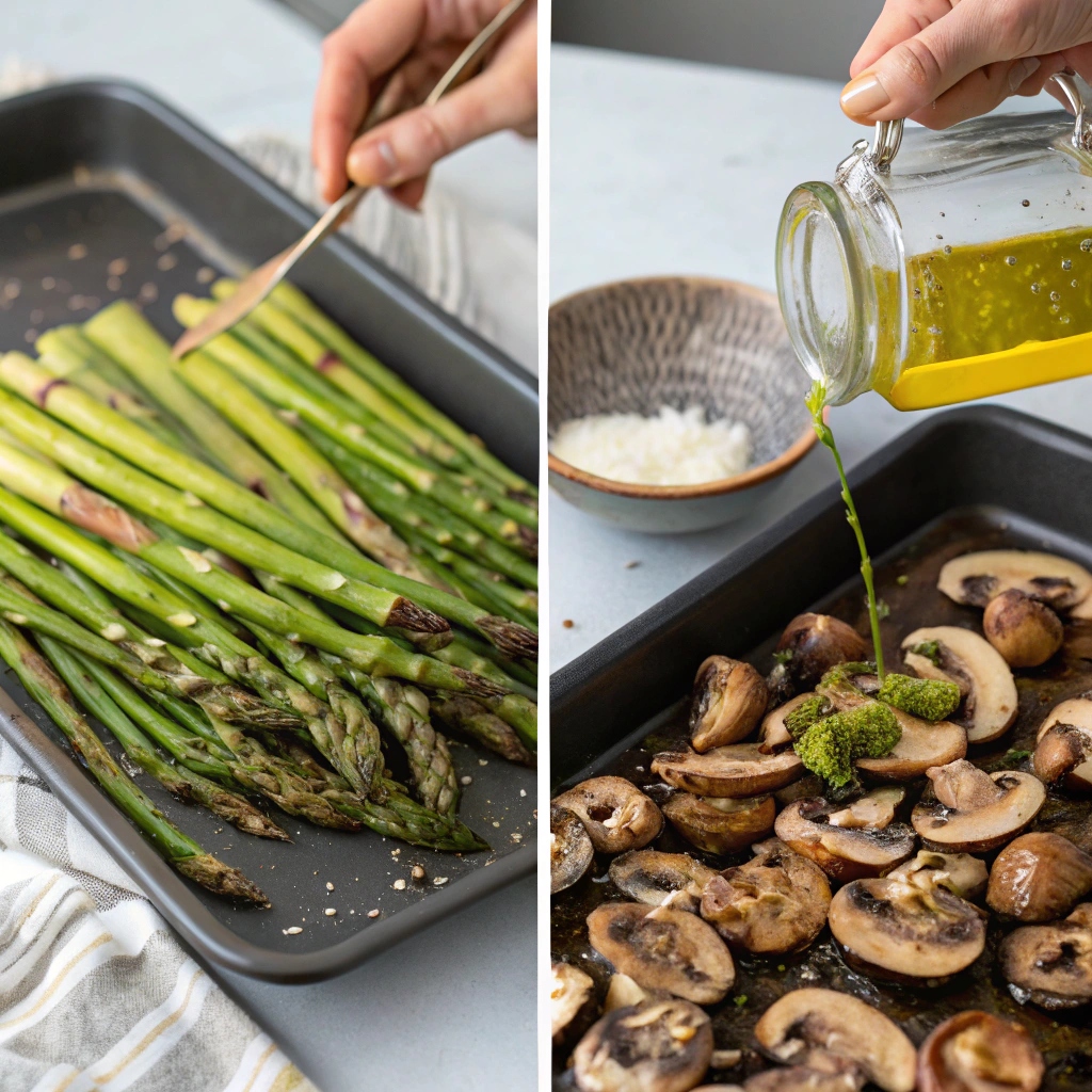 Step-by-step process of tossing vegetables with seasonings, spreading on a baking sheet, and roasting  