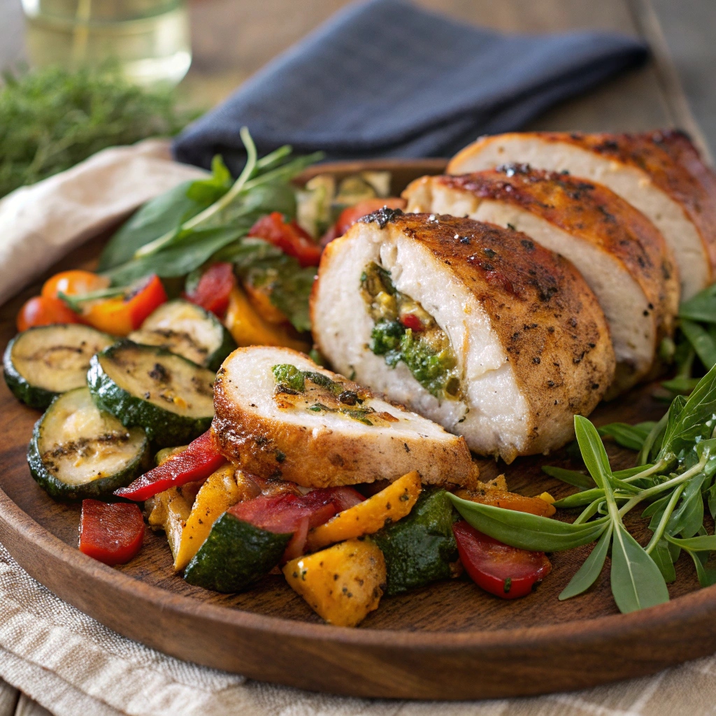Stuffed chicken breasts served with roasted or grilled vegetables, illustrating healthy chicken breast recipes