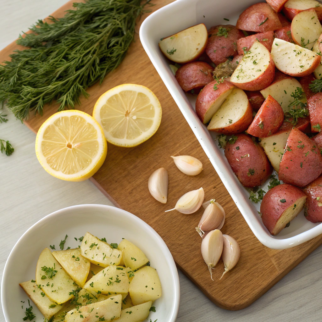 Roasted new red potatoes garnished with fresh herbs and lemon slices  
