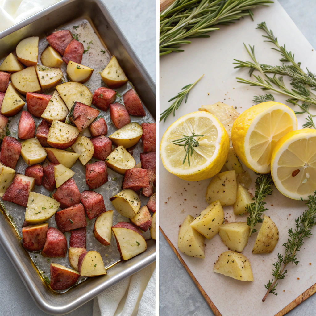 Assorted seasonings for roasted new red potatoes including paprika, garlic powder, dried herbs, salt, and pepper