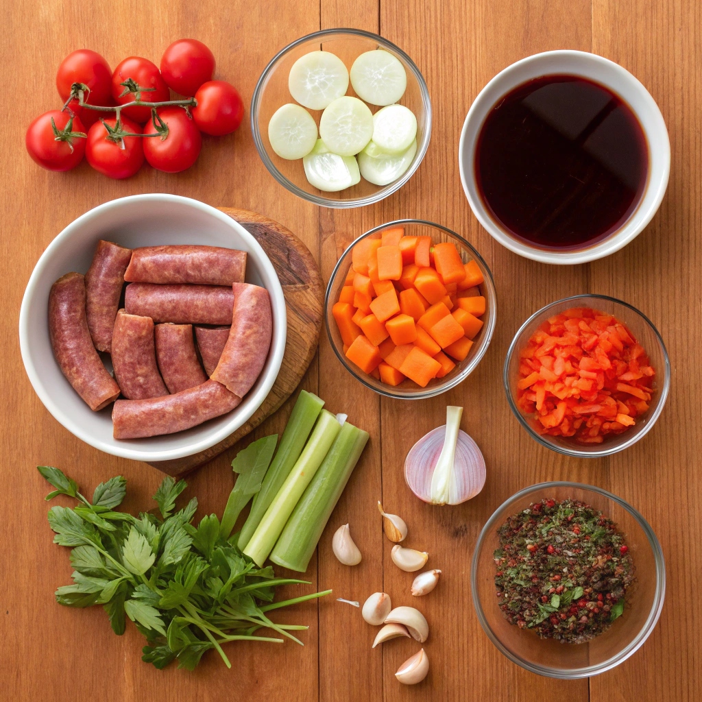 An arrangement of ingredients for sausage ragu, including ground sausage, chopped vegetables, crushed tomatoes, garlic, herbs, and pasta, displayed on a kitchen countertop.

