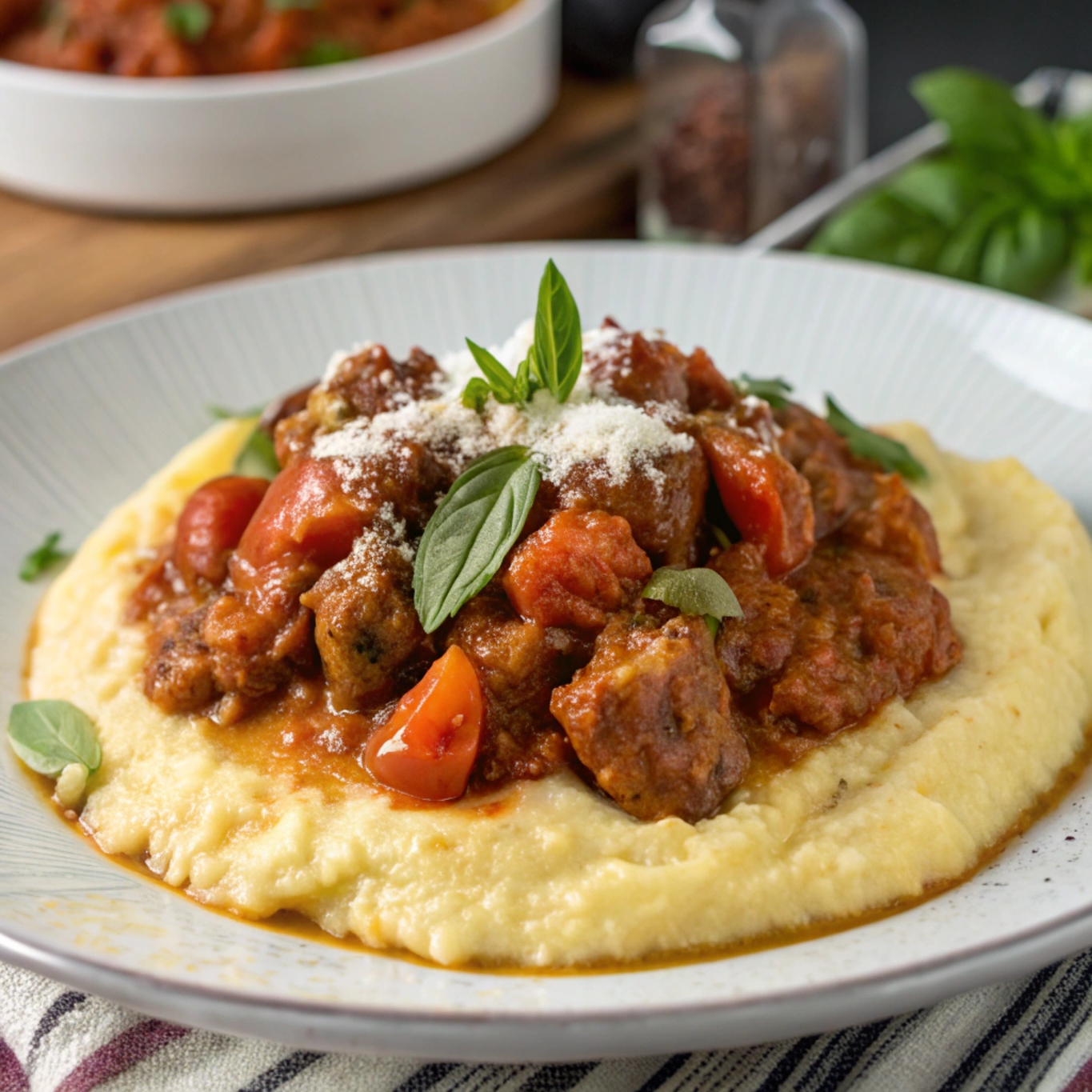 A bowl of sausage ragu topped with herbs, served alongside a creamy bed of polenta, garnished with grated cheese.