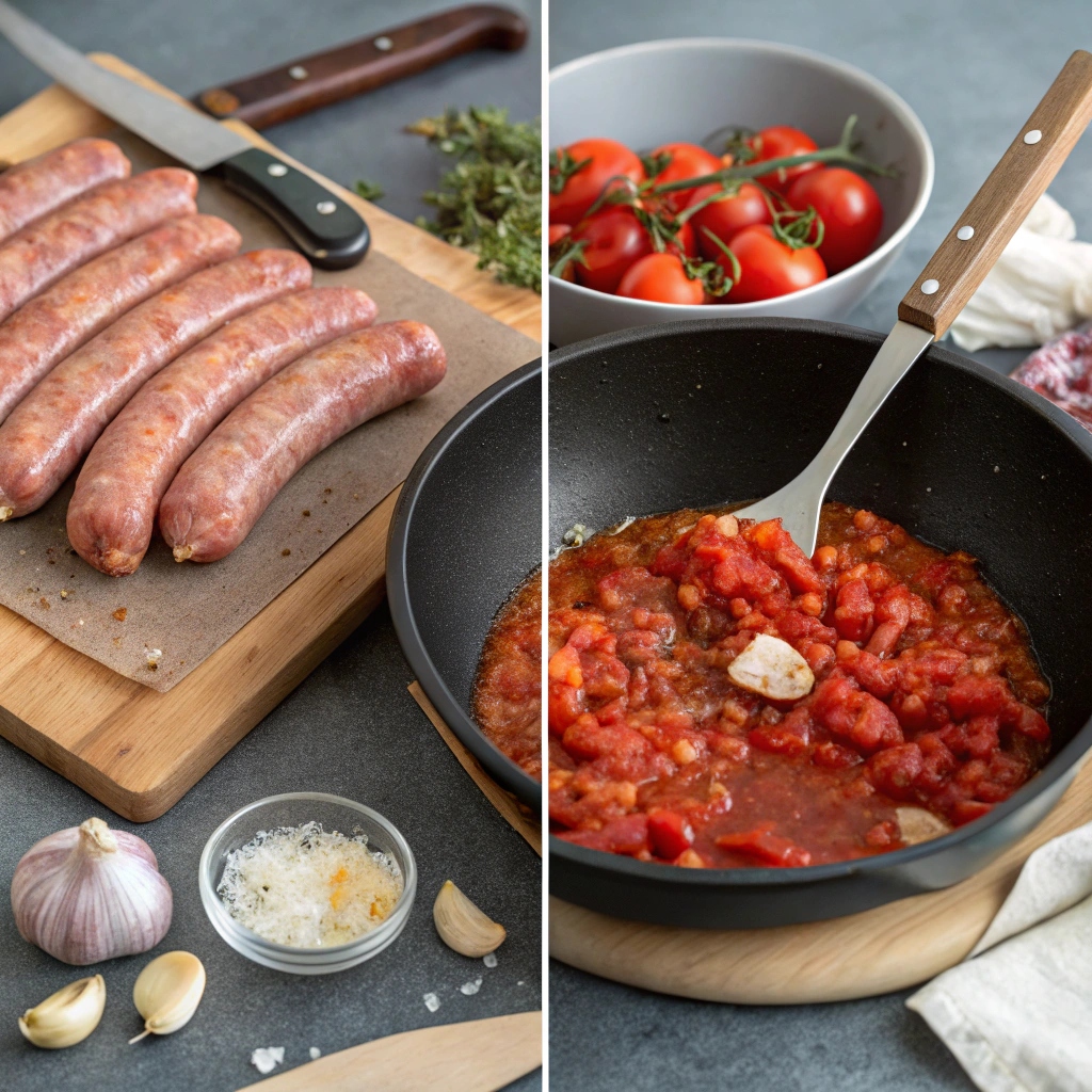A series of images showing the steps to make sausage ragu, including browning sausage, sautéing vegetables, simmering the sauce, and serving over pasta.