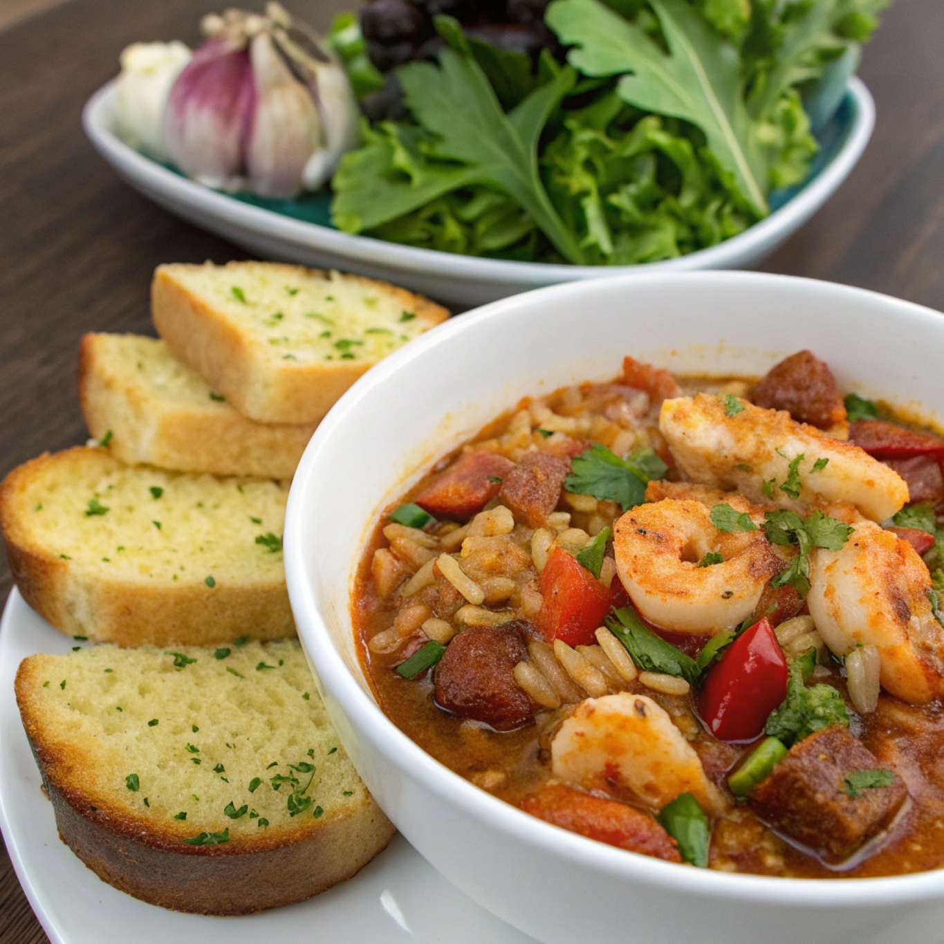 A plate of Cajun jambalaya served with slices of crunchy garlic bread and a fresh green salad with vinaigrette.