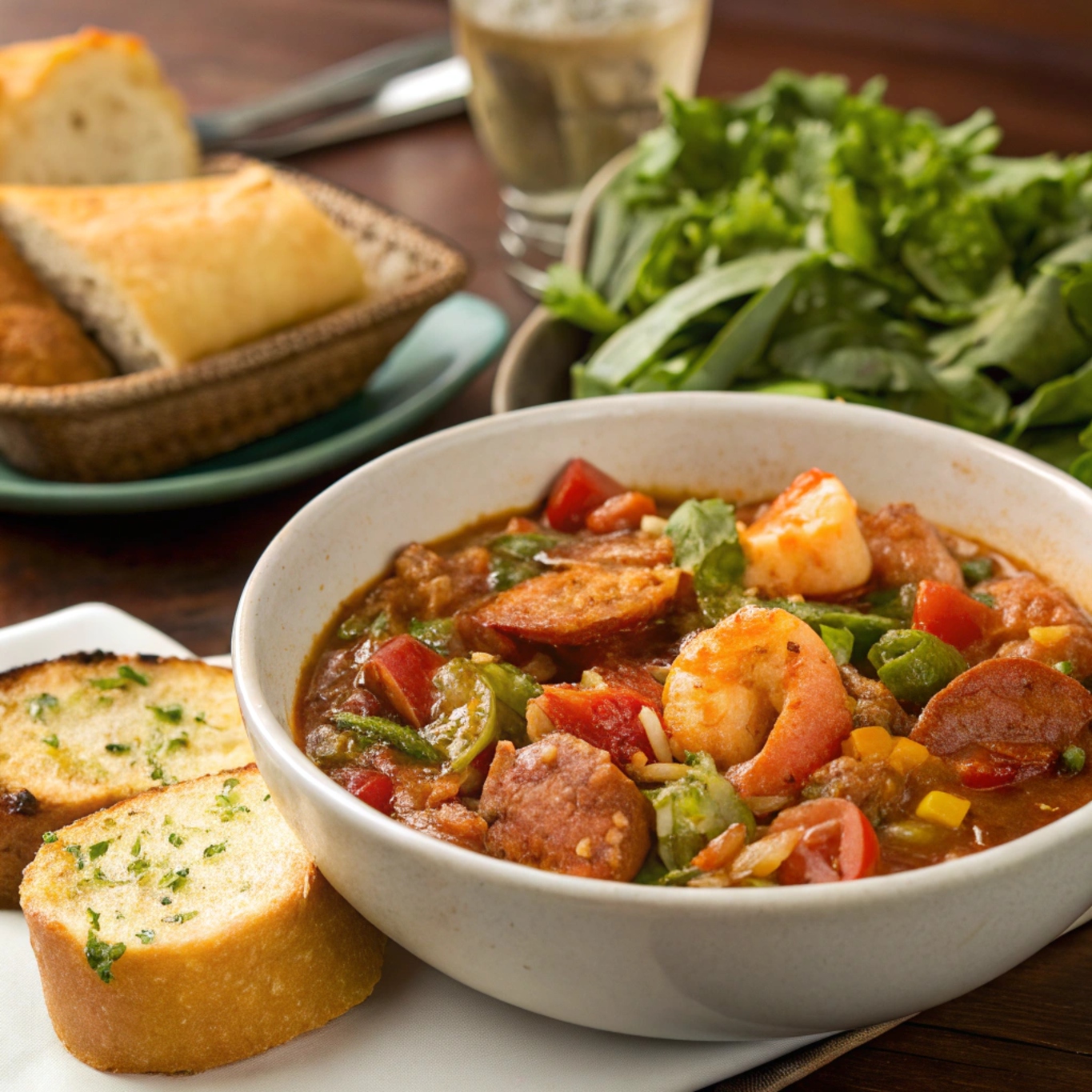 A beautifully plated bowl of Cajun jambalaya with rice, sausage, shrimp, and vegetables, garnished with herbs.