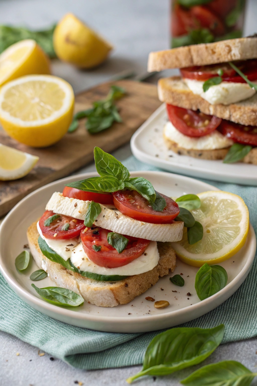 Served Caprese Sandwich on a plate, garnished with extra basil leaves and lemon slices  