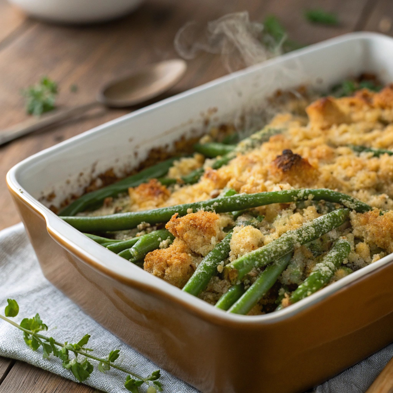 A Southern-style green bean casserole topped with a golden cornbread crumble, served in a baking dish.