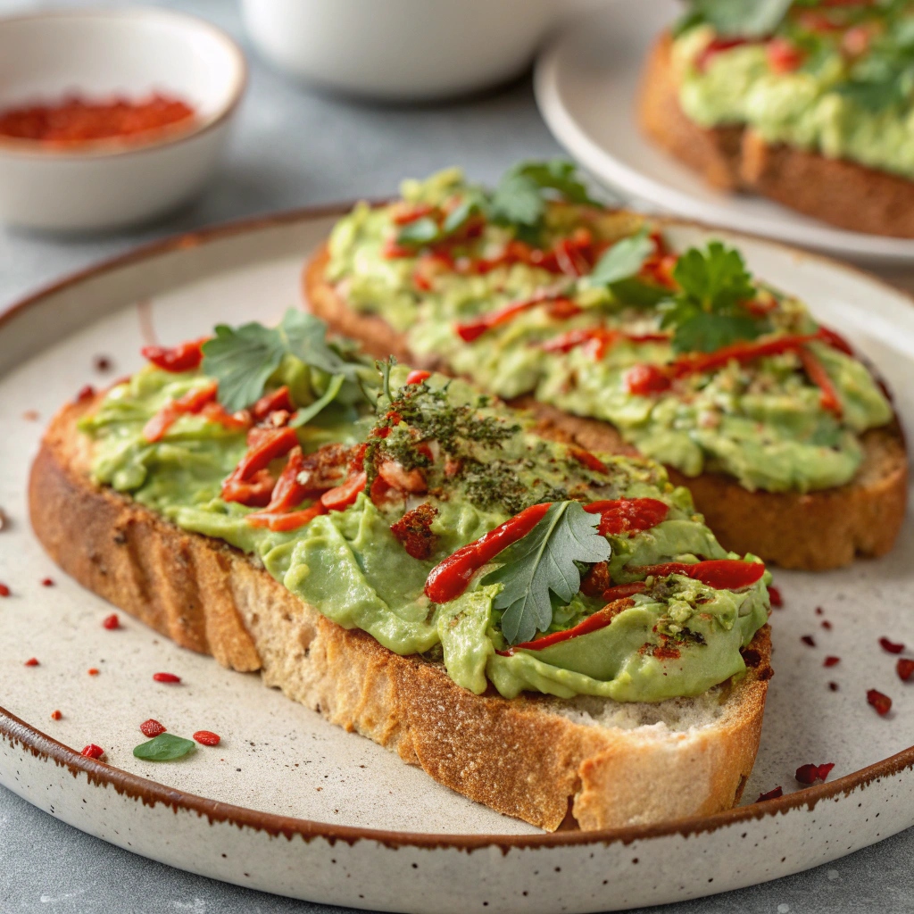 Spicy Sriracha avocado toast topped with red pepper flakes and herbs, ready to serve