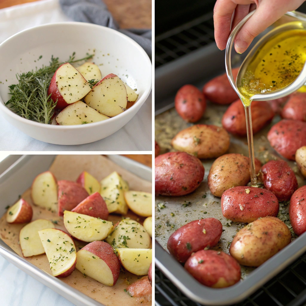 Step-by-step process of seasoning, roasting, and flipping fresh new red potatoes  