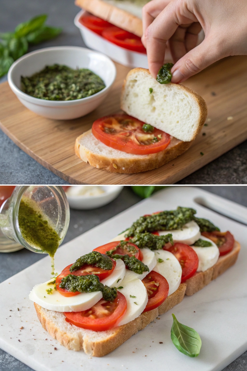 Step-by-step process of spreading pesto, layering ingredients, and assembling the Caprese Sandwich  