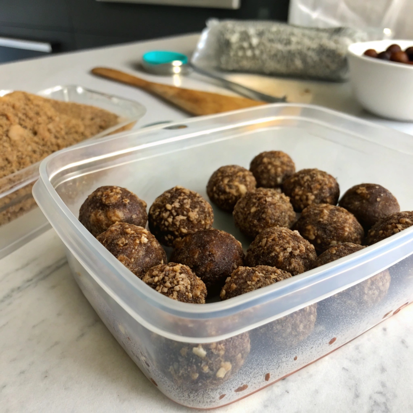 Container of Almond Butter Date Balls stored in the refrigerator with a lid on, ready for future snacking.