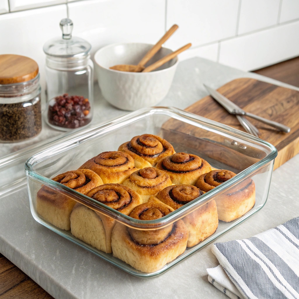Cinnamon rolls stored in an airtight container, with some wrapped in plastic wrap and others placed on a plate covered with a lid for freshness.