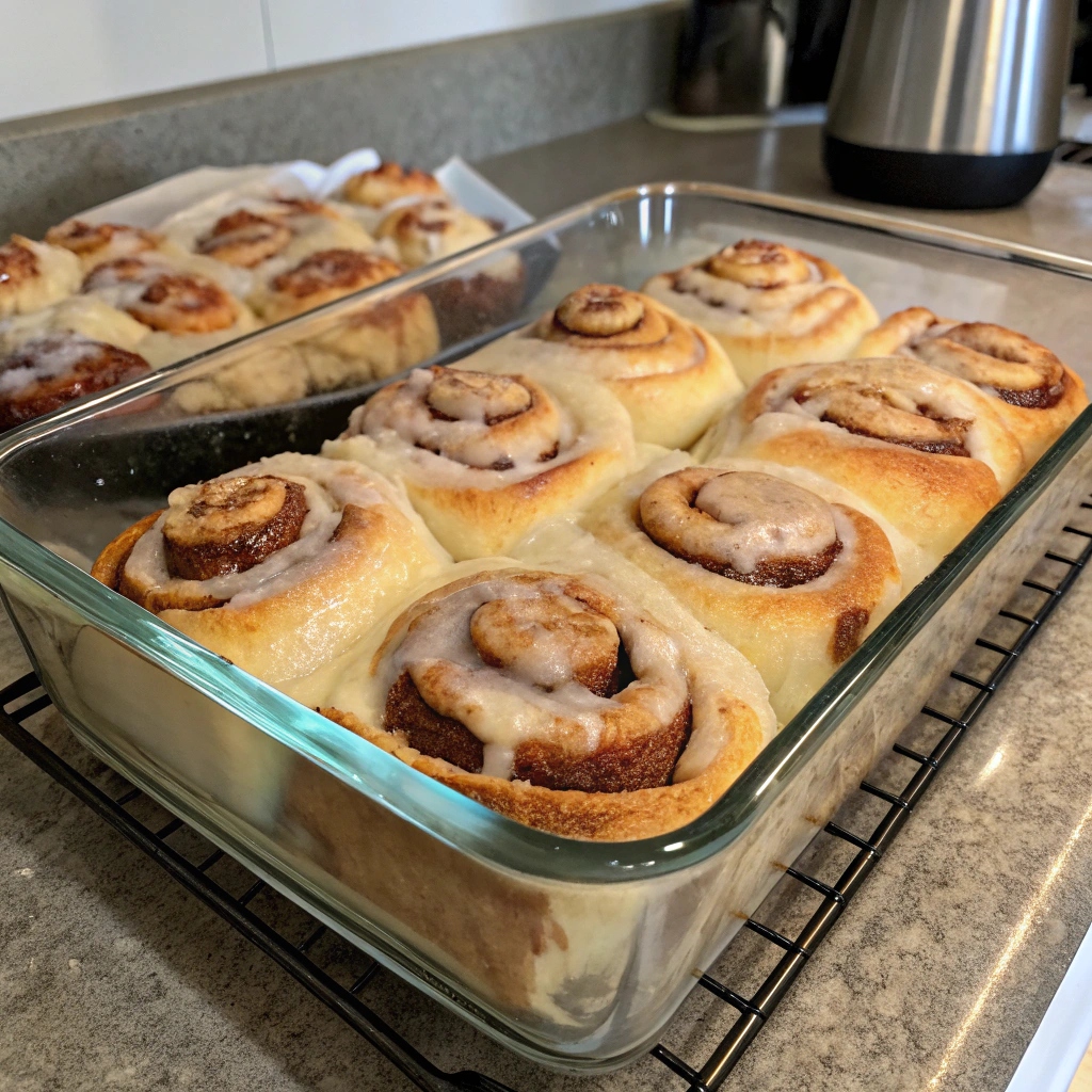 Freshly baked cinnamon rolls cooling on a wire rack, with a shiny glaze and soft, golden-brown tops.