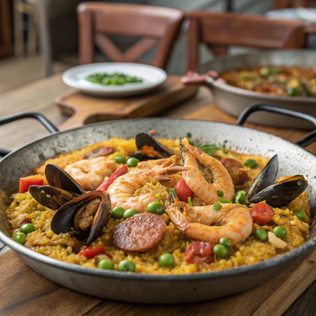 A delicious fresh portion of traditional paella served in a rustic pan, garnished with lemon wedges.