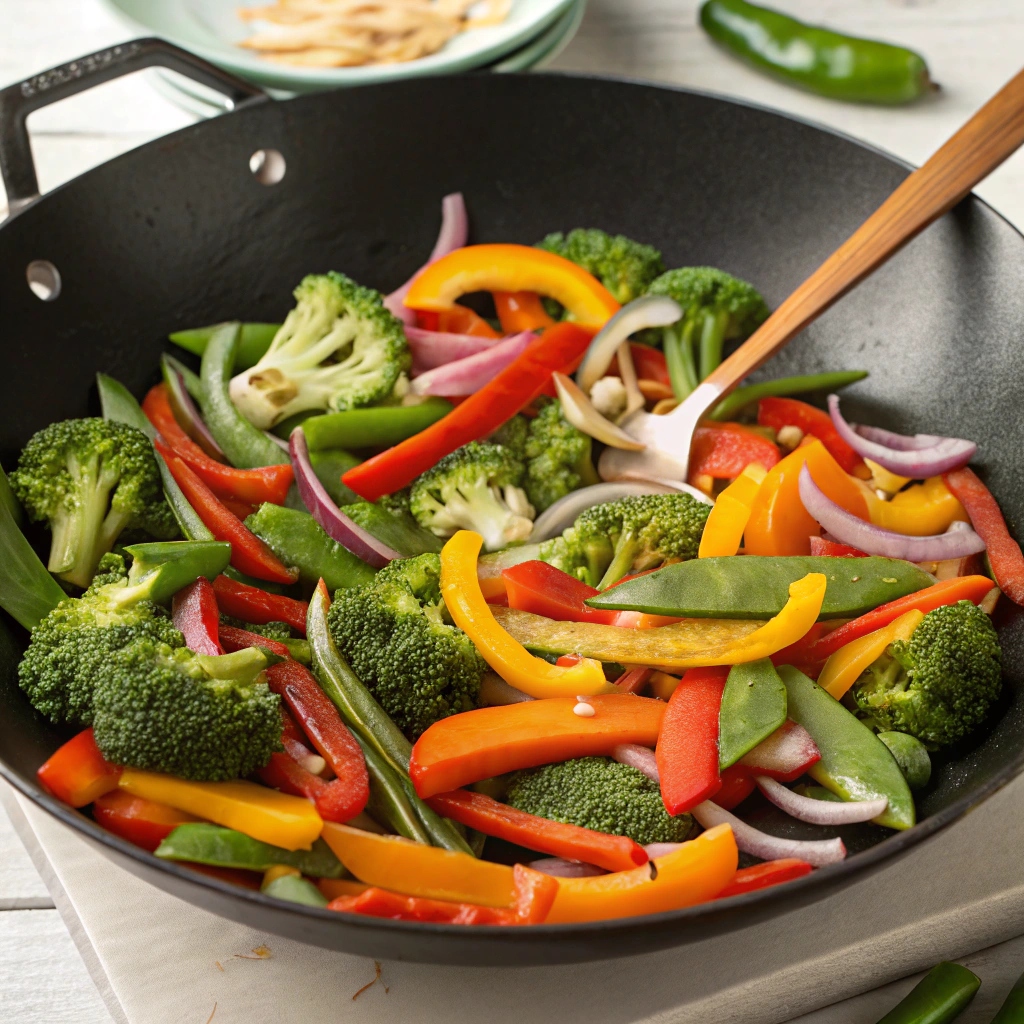 vegetable stir-fry in a wok over high heat with steam and flames visible.