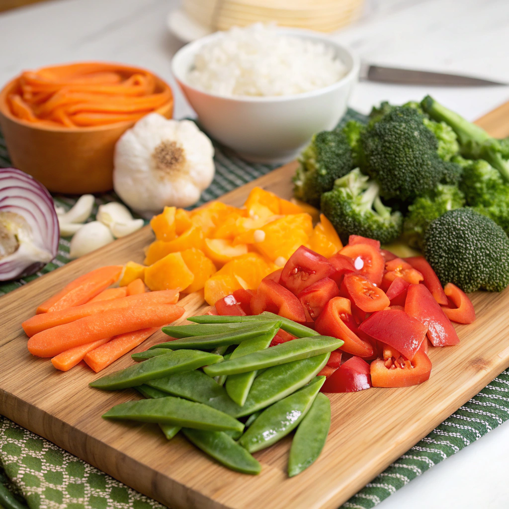 A colorful display of ingredients for vegetable stir-fry, including mixed vegetables, garlic, ginger, soy sauce, sesame oil, and oils.