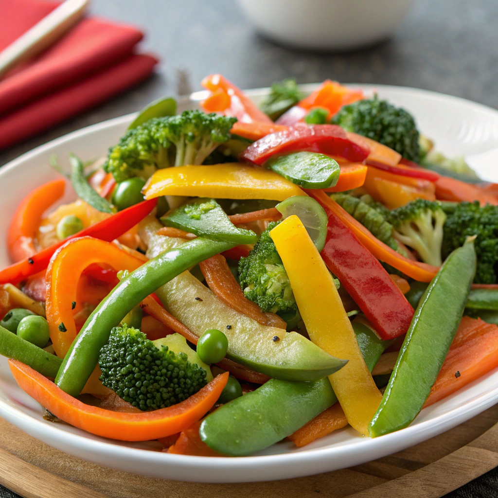 A close-up of a freshly cooked vegetable stir-fry, highlighting the vibrant colors and textures of the vegetables and garnishes.