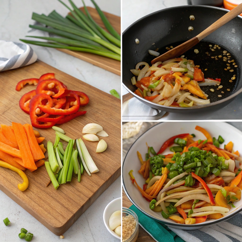 Step-by-step instructions for making vegetable stir-fry, showing preparing vegetables, sautéing aromatics, cooking vegetables, and serving.