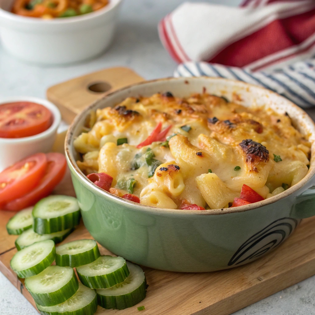 Veggie-loaded baked mac and cheese topped with melted cheese and fresh vegetables