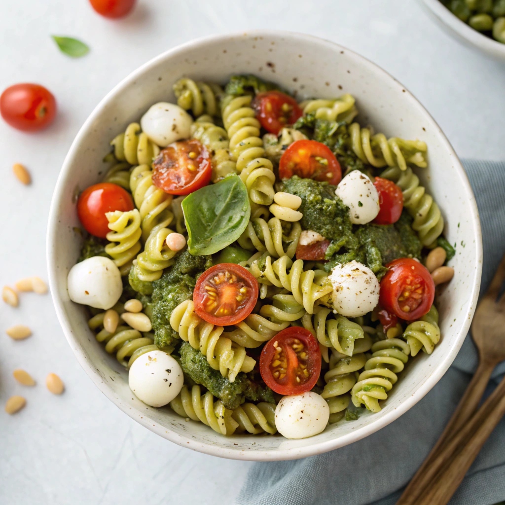 A bowl of pesto pasta salad with spiral pasta coated in basil pesto, topped with cherry tomatoes, mozzarella balls, and toasted pine nuts.
