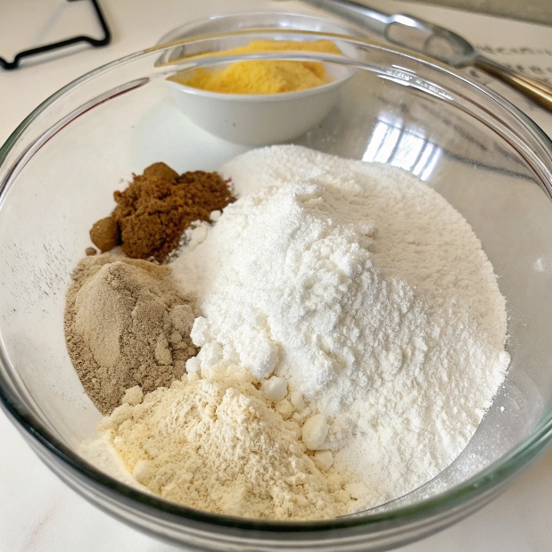 A bowl of sifted flour, baking powder, baking soda, and salt ready to be combined.