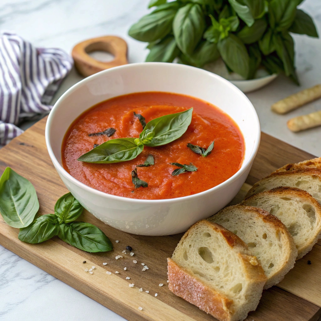 A bowl of vibrant tomato basil soup garnished with fresh basil leaves, accompanied by slices of crusty Panera Bread baguette.