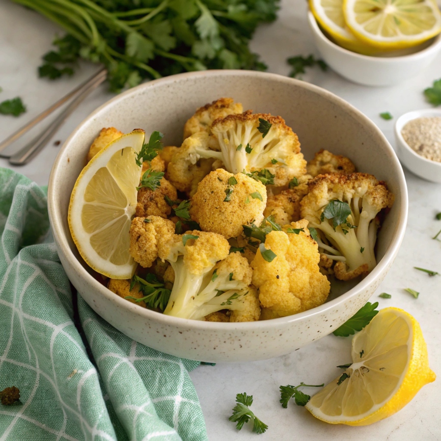 Bright yellow roasted cauliflower florets garnished with lemon zest and chopped parsley on a rustic wooden surface.