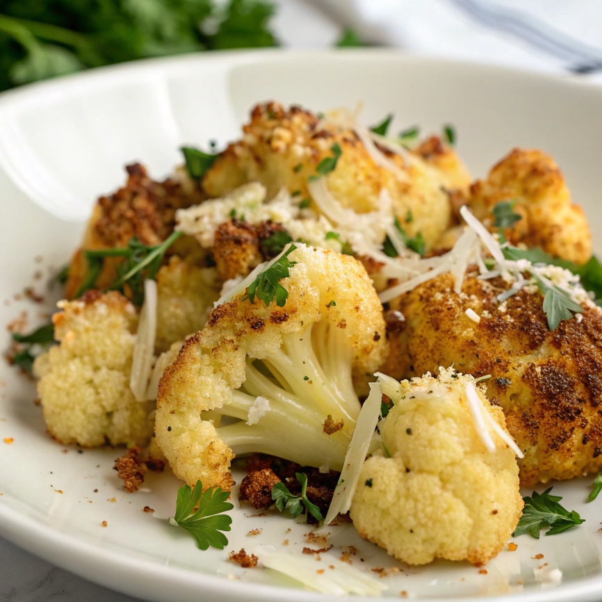 A close-up of roasted cauliflower florets topped with grated Parmesan cheese and chopped parsley on a white plate.