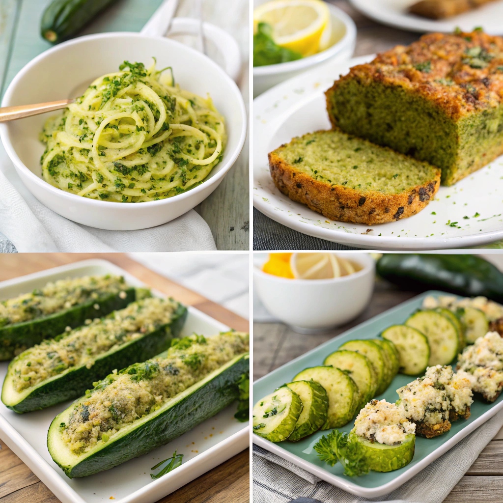 A collage of Zucchini Recipes including zucchini noodles with pesto, stuffed zucchini boats, zucchini fritters, zucchini bread, and grilled zucchini with lemon and garlic, showcasing the variety of ways to enjoy zucchini.