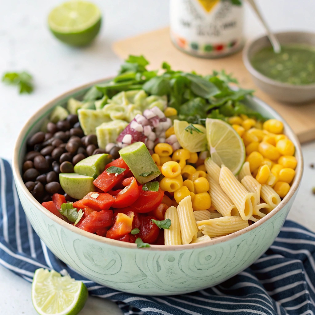 A colorful bowl of Southwestern pasta salad featuring pasta, black beans, corn, diced red bell peppers, avocado, red onion, and chopped cilantro drizzled with lime dressing.